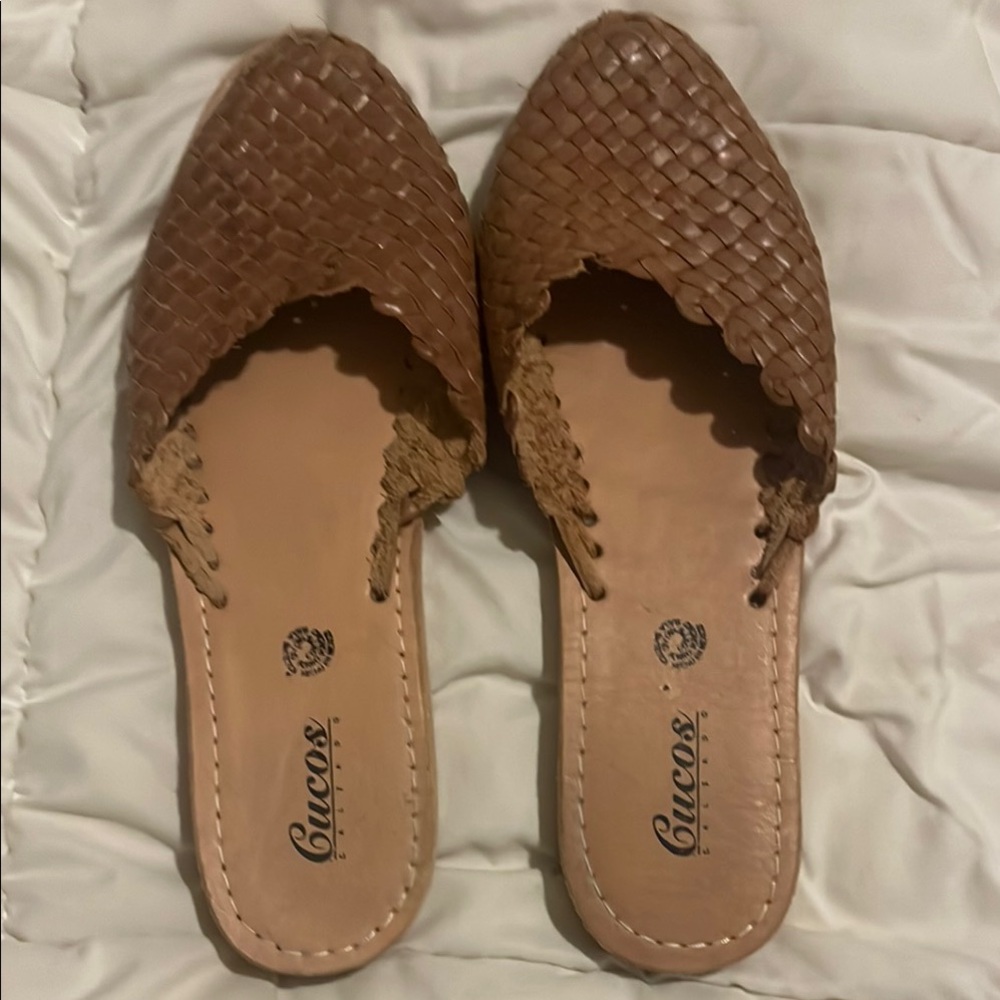 Brown Woven Leather Mules with Pointed Toe